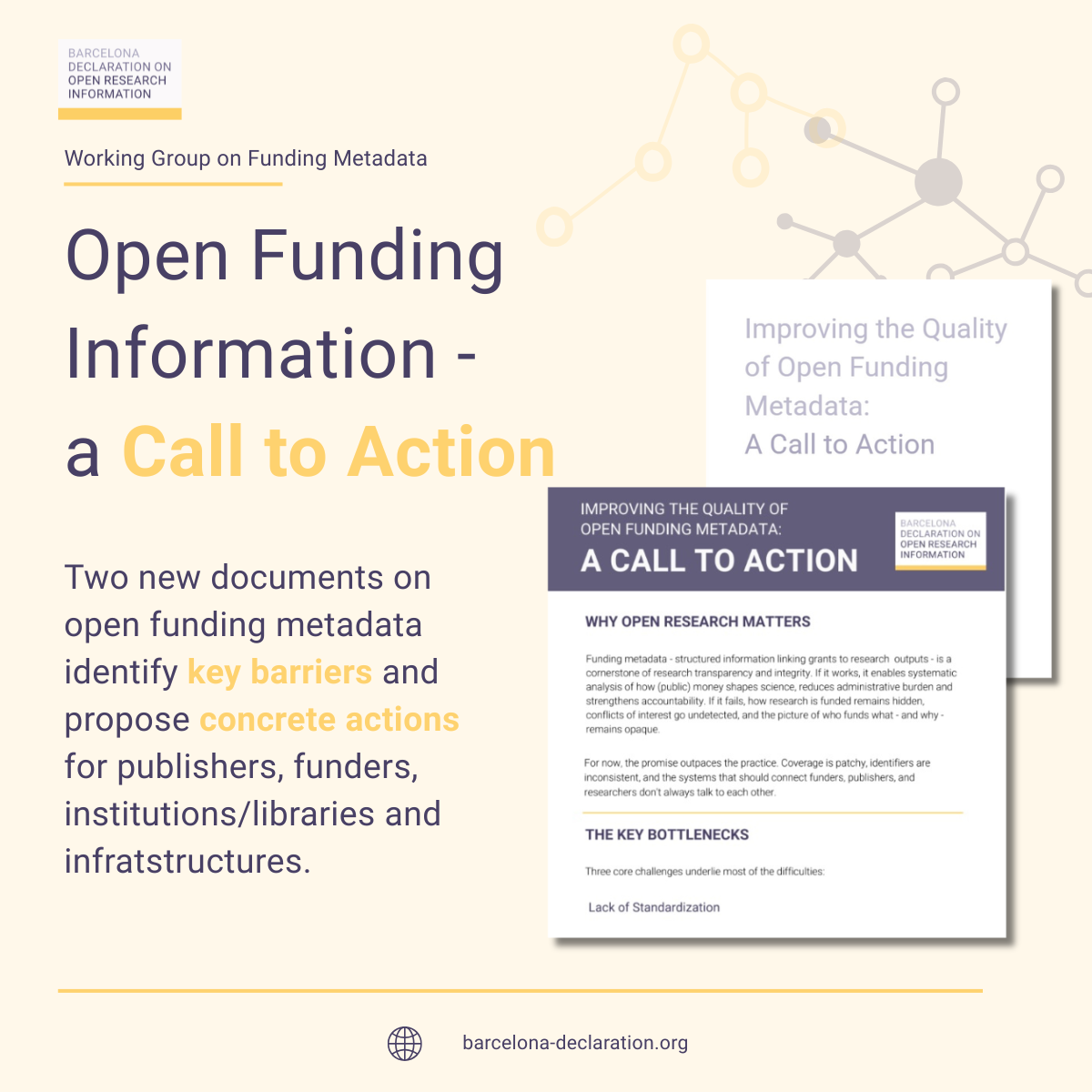 Promotional graphic from the Barcelona Declaration Working Group on Funding Metadata announcing two new documents on open funding metadata. The image features the title ‘Open Funding Information – a Call to Action’ alongside a visual mockup of the publication cover. Supporting text explains that the documents identify key barriers and propose concrete actions for publishers, funders, institutions/libraries, and infrastructures. The design uses the Barcelona Declaration’s purple and yellow branding on a light beige background with abstract network graphics.