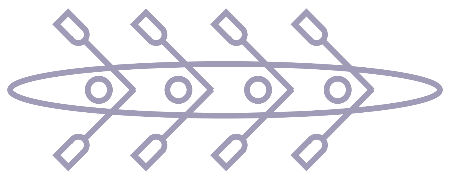 An icon of top down view of a multi-person rowing boat, representing collective action for commitment number four