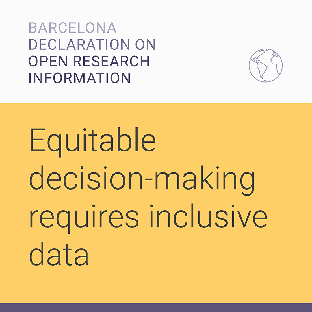 Infographic that says "Barcelona Declaration on Open Research Information: Equitable decision-making requires inclusive data."